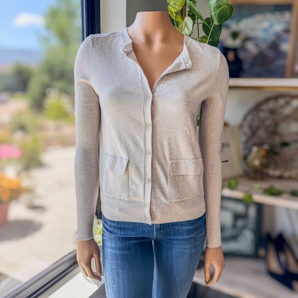 Banana Republic Womens Small Ultra Soft Ribbed Pocket Crew Neck Cardigan-Oatmeal